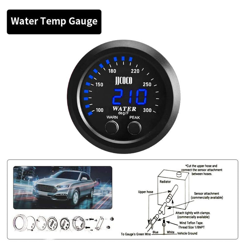 Universal 2Inch(52mm) Water Temperature Gauge with Alarm and 1/8NPT Sensor Car Digital Meter Temp 100-300F(-17~187C) Blue Display