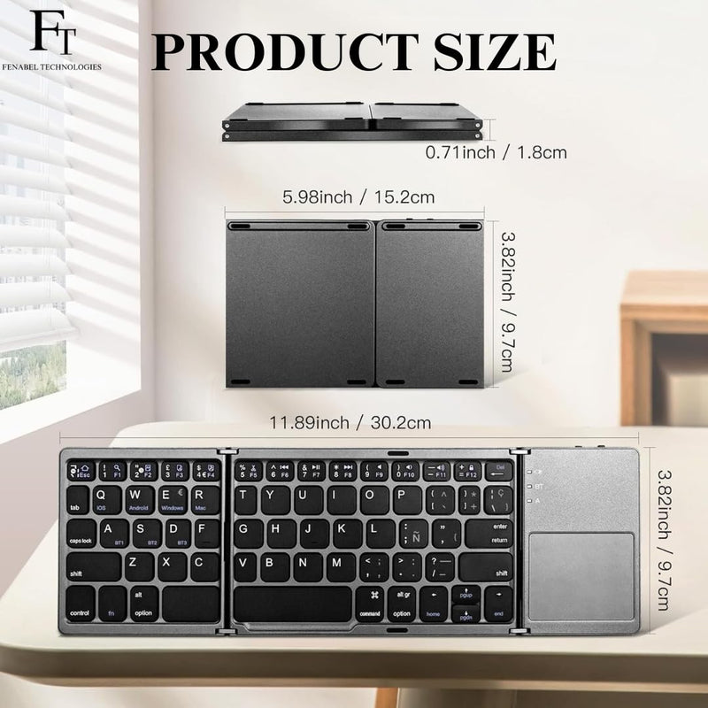 Ultimate Foldable Bluetooth Keyboard with Touchpad | Portable Wireless Keyboard for Phone, Tablet, Laptop | Rechargeable Foldable Keyboard with Ñ | Ergonomic Design