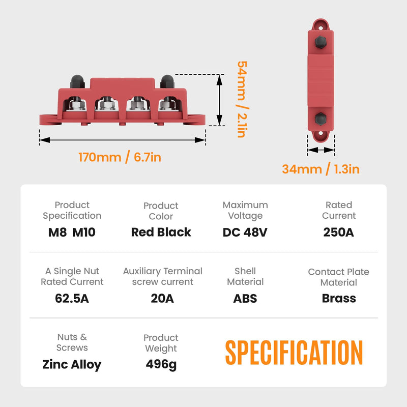 Bus Bar Marine 250A Bus Bar Terminal Block 12V Power Distribution Terminal Block with 4PCS 5/16” M8 Battery Lugs Post Automotive Marine Buss Battery Bus Bar Negative & Positive (250A 4 x 5/16" (M8)) 250A 4 x 5/16" (M8)