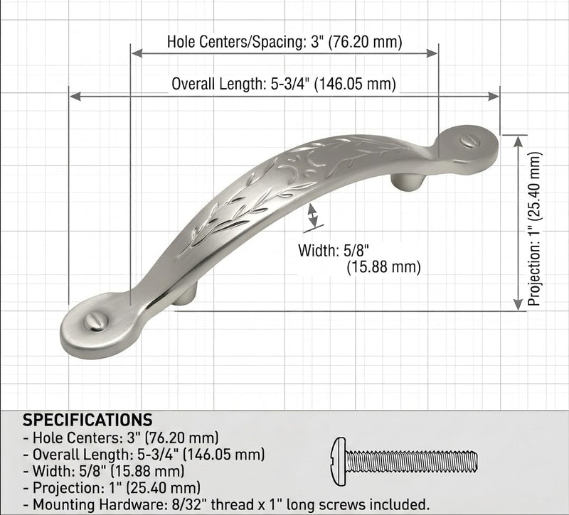 Cosmas 10 Pack 465SN Satin Nickel Leaf Design Cabinet Hardware Handle Pull - 3" Inch (76mm) Hole Centers, 5-3/4" Overall Length
