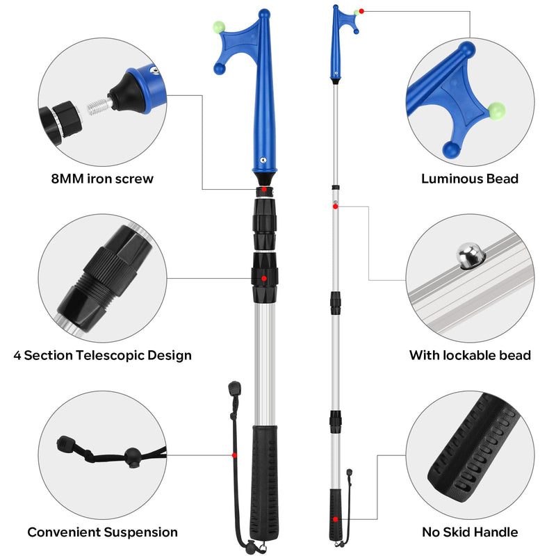 SANLIKE Telescopic Boat Hook for Docking, Extendable Marine Docking Pole with Luminous Design, Rust-Resistant Aluminum, Non-Slip Handle, Lightweight Boat Accessories for Kayak Fishing Pontoon silver