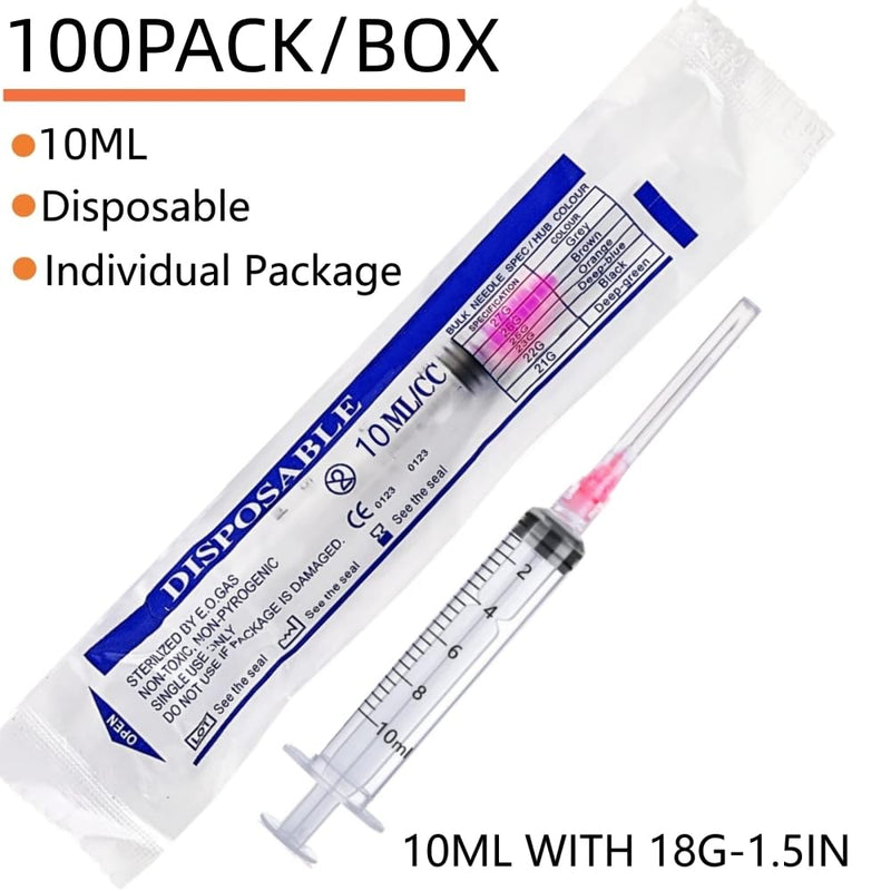100 Pack - 10ml/cc Luer Lock Plastic Syringe with Needle 18Ga, Lab Measuring Tools for Industrial Dispensing, Science Lab and Plant Injection Supplies 100 10ml 18ga