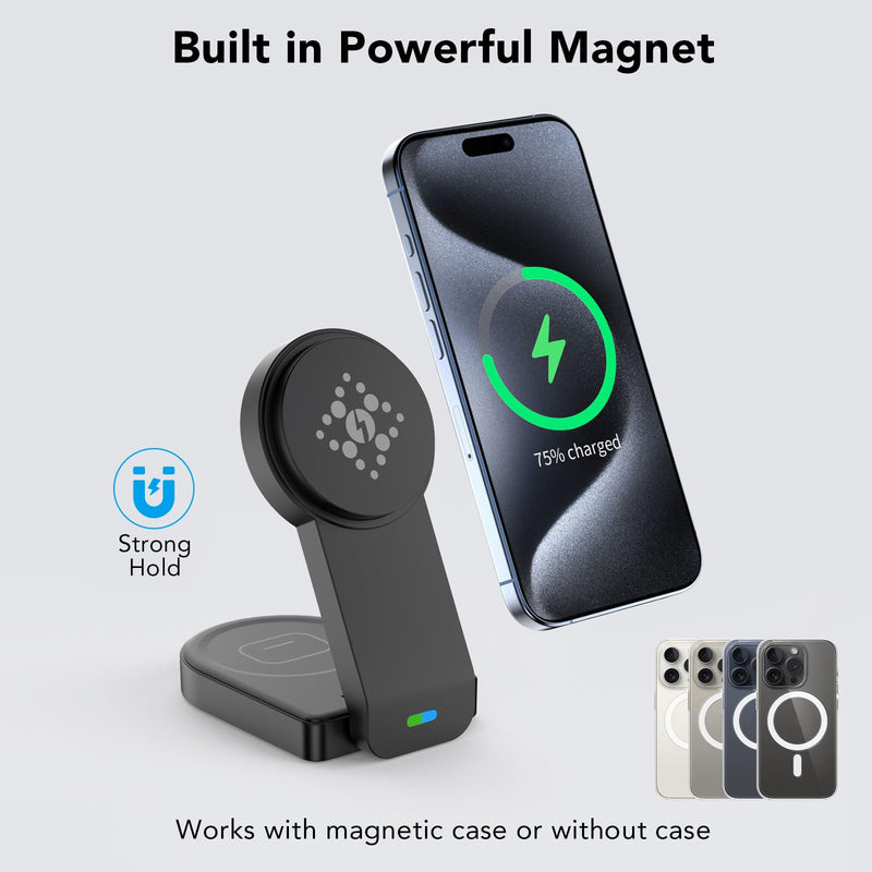 3 in 1 Wireless Charging Station Compatible with Apple Devices,Foldable Magnetic Wireless Charger for iPhone 15/14/13/12,Apple Watch Ultra 2/Ultra/Seires 9/8/7/6/5/4/SE/SE 2,Air-Pods 3/Pro/2(Black) Black