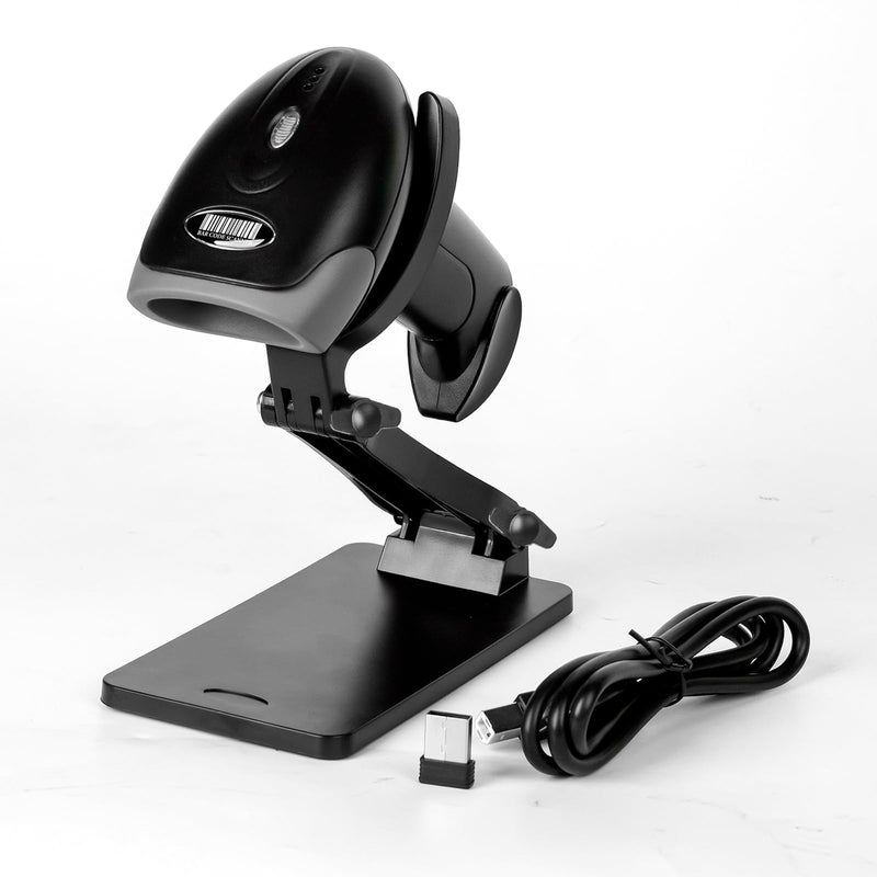QR Code Scanner with Foldable Stand, 1D 2D Barcode Scanner 2.4G Wireless & USB Wired Connection, Handheld CMOS Image Bar Code Reader for Warehouse Library Supermarket