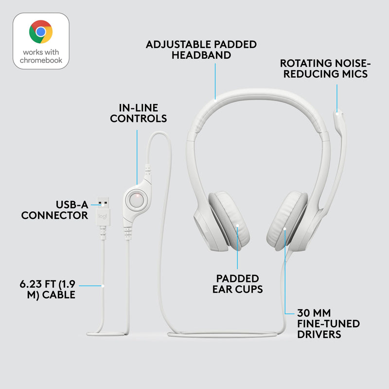 Logitech H390 Wired Headset for PC/Laptop, Stereo Headphones with Noise Cancelling Microphone, USB-A, in-Line Controls for Video Meetings, Music, Gaming and Beyond - Off White 1 Pack