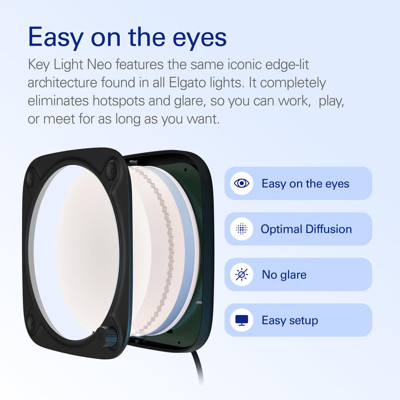 Elgato Key Light Neo (Black) – Professional Video Call Light, No Glare, Adjustable Monitor Mount, Manual or Wi-Fi Control, Office/Streaming, Teams/Zoom/Slack/Twitch/YouTube – Laptop, PC, Mac Black