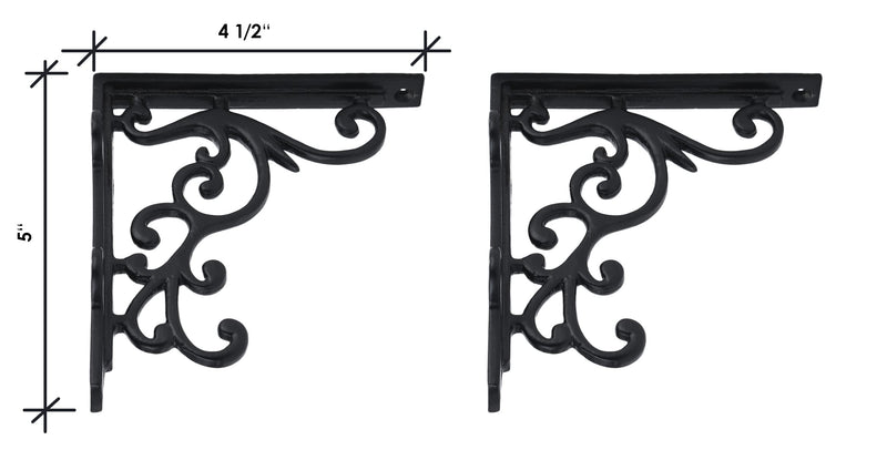 Set of 2 Black Shelf Brackets for 6", 8" Shelves - Black Powder Coat Finish - 5" X 4.5" Heavy Duty Iron L Brackets for Wall Shelves Hardware Included, Set of 2 Black Powder Coat 5" x 4 1/2"