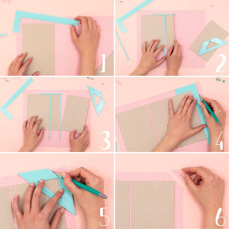 Craftelier - Complete Bookbinding Ruler Kit - Includes L Ruler + T Ruler + Spacing Guide + Corner Cutting Square + Case + Instruction Manual - Turquoise Color Bookbinding Ruler Set