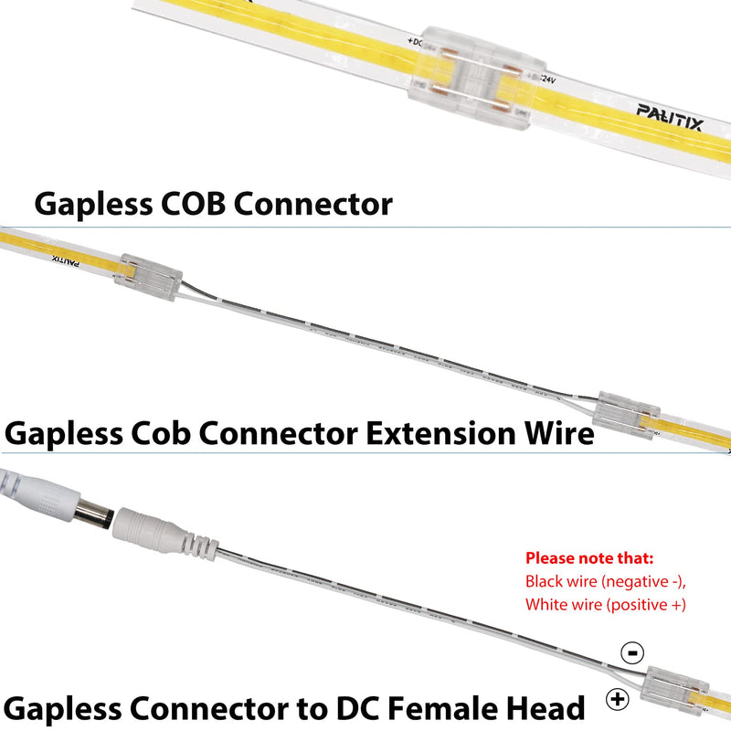 COB LED strip connector set for 8mm width COB strip 2Pin, 4 pieces transparent center connectors, 2 pieces L-shape, 1 piece T-shape and 4 pieces dual-end extension wires 15cm with 1 piece DC 8mm COB connector upgraded