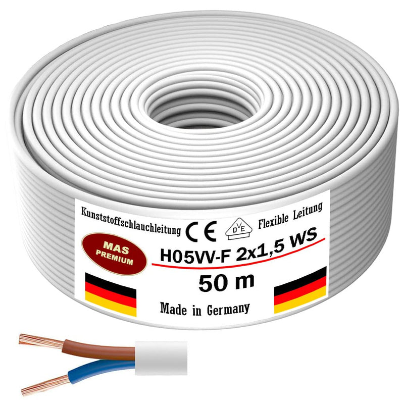 From 5 to 100m plastic hose line H05VV-F 2x0.75; 2x1; 2x1.5 or 2x2.5 White Flexible Cable Cable Device Cable (H05VV-F 2x1.5 WS, 50m) H05VV-F 2x1.5 WS