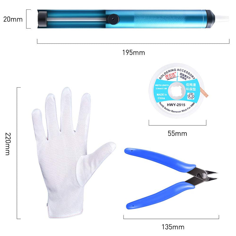 Owootecc Lead Free Solder with Rosin Core, Desoldering Pump, Desoldering Wick, Micro Shearing Wire Cutter Pliers, Anti-Static Gloves (Pair), Solder Removal Tool Set, Soldering Iron Holder, Accessory Kit