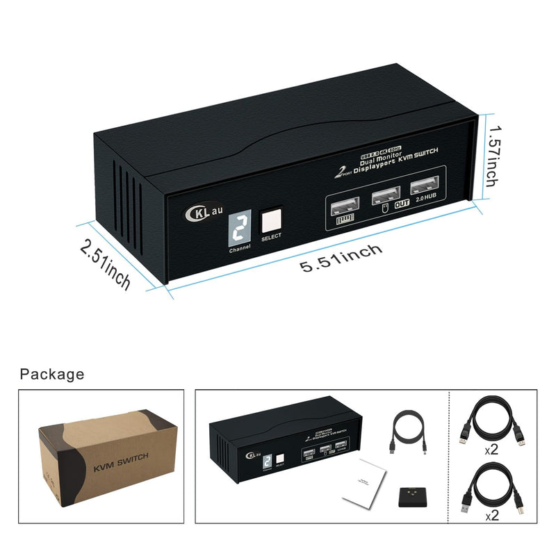 CKLau 2 Port Displayport KVM Switch Dual Monitor 4K60Hz 2K144Hz with Cables, USB 2.0 Hub, Digital Display for 2 Computers Sharing Keyboard Mouse Video