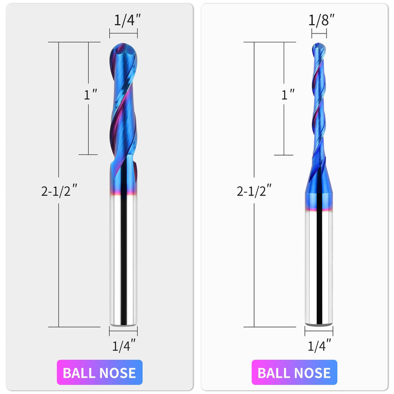 EANOSIC 1/4 Inch Shank Carbide Ball Nose End Mill Set (5 Pieces), CNC Router bits Milling Tools with Nano Blue Coating for Side Milling, End Milling, Finish Machining 5 PCS Ball Nose Set