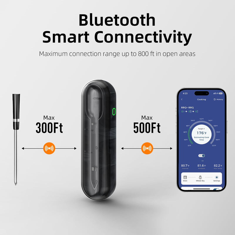 Smart Bluetooth Wireless Meat Thermometer, 800FT Remote Monitoring,Up to 72 Hours of Power, Dual Alarm, Accurate ±0.9°F Food Thermometer for Oven, Grill, Smoker, BBQ, Turkey, Stocking Stuffers for Men BlackGrey