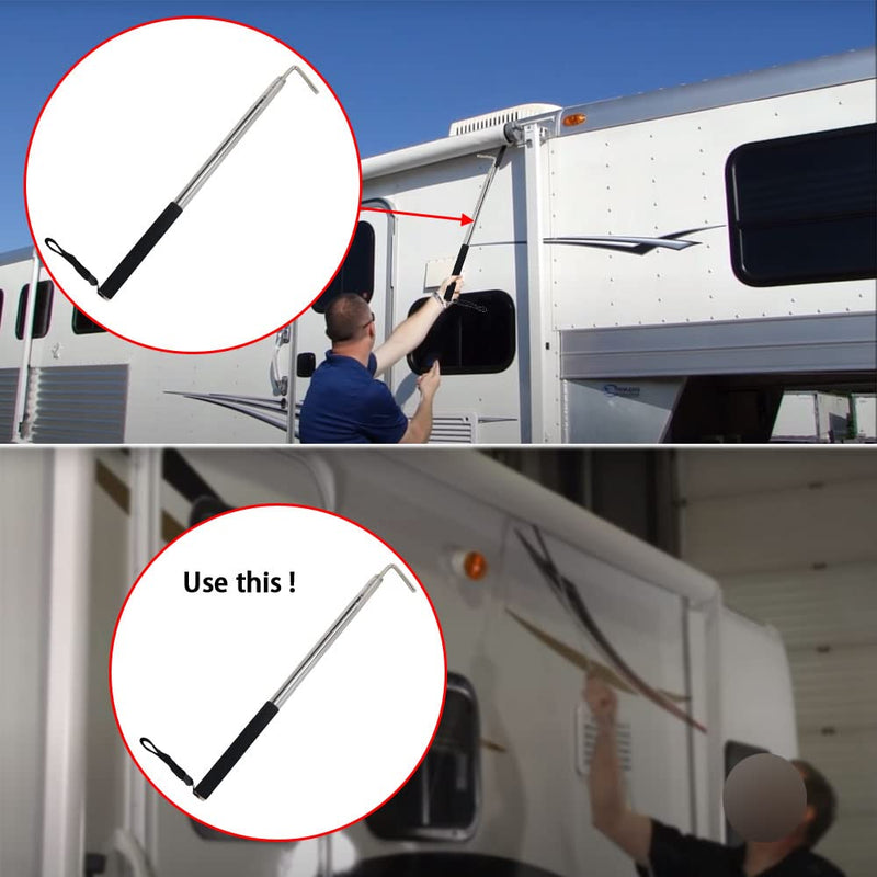 RV Awning Rod Opener Easy Reach Telescopic Puller 13-3/4" to 44-3/4" Stainless Steel Silver & Black - 1pack 1