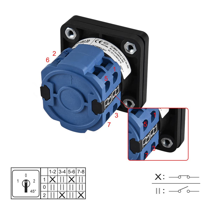 Heschen universal rotary switch, SZW26-20/D202.2D, 660V 20A, ON-OFF-ON 3 positions, 2 phases, 8 terminals, with main switch external box (standard box) standard box