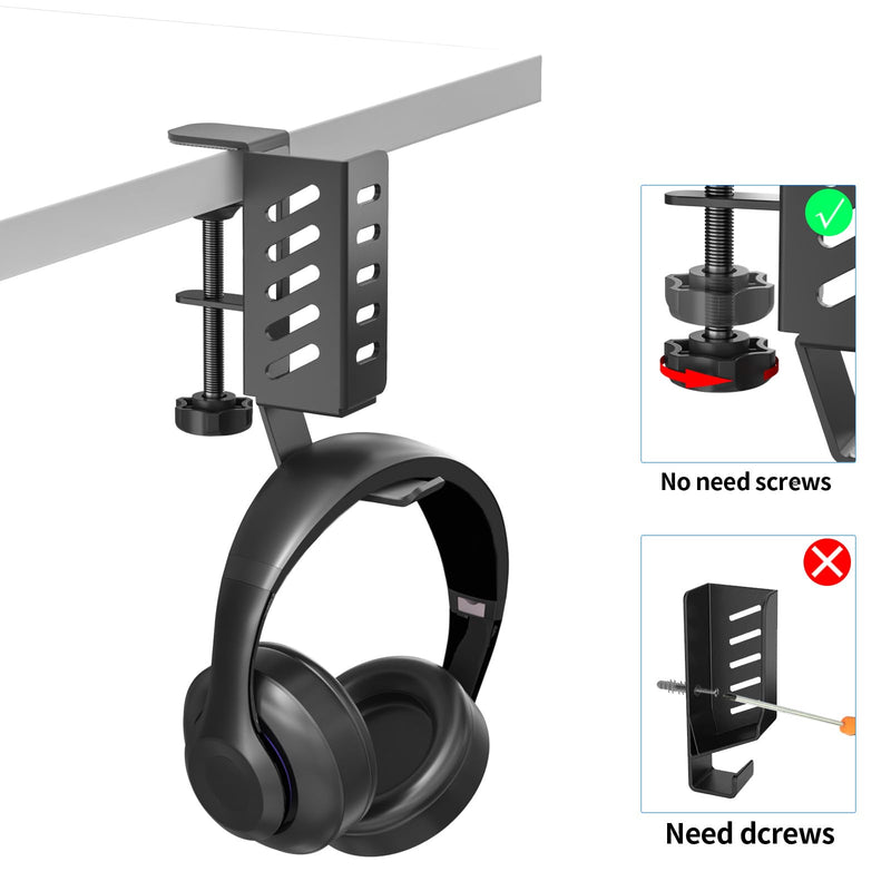 Adjustable Desk Side Laptop Holder with Headphone Stand - No Drill Clamp Organizer for Laptops, Tablets, Keyboards (Black) - Sturdy Steel & Silicone Pad Protection Black