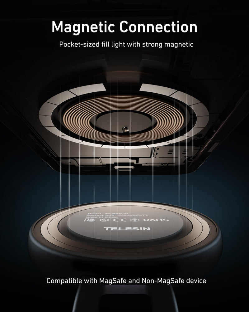 TELESIN C03 Magnetic Selfie Light, Phone Light Compatible with iPhone Magsafe, CRI97 360° LED Selfie Ring Fill Light with Mirror for Selfies/Photography/TikTok/Zoom Calls/Video Conference Silver