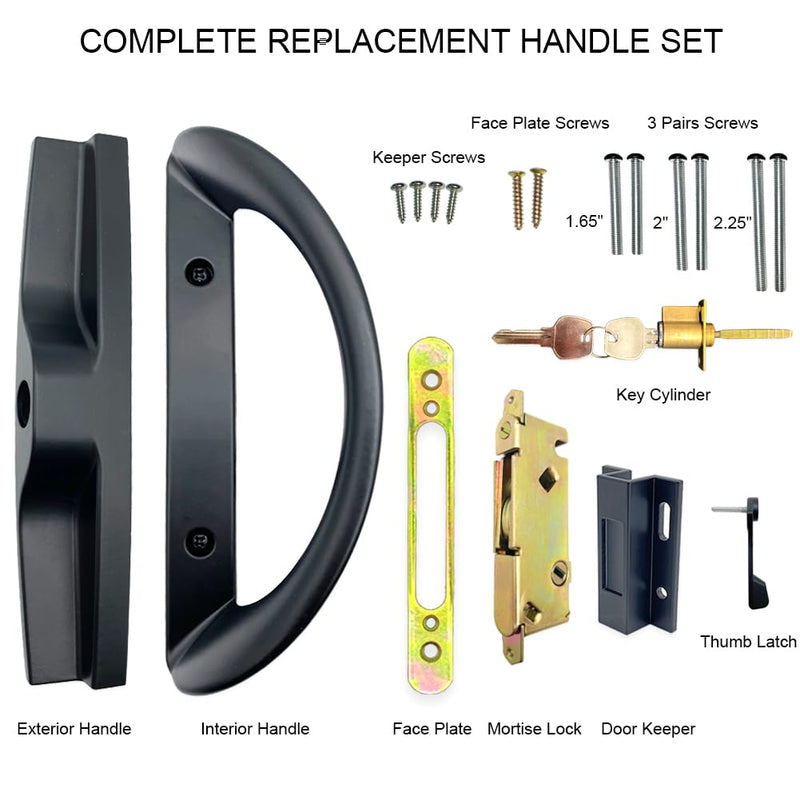 ALLYWASAI Patio Sliding Door Handle Set with Mortise Lock, Key Cylinder and Keeper, Replacement Handle Lock Set Fits Door Thickness from 1-1/2" to 1-3/4", 3-15/16" Screw Hole Spacing, Keyed, Black with Key