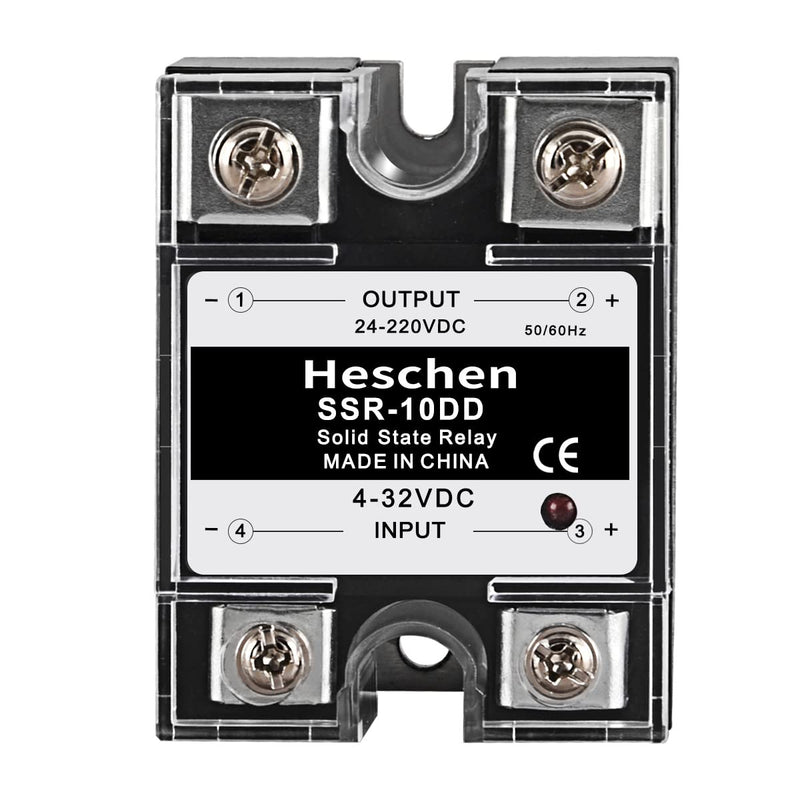 Heschen Single Phase Solid State Relay DC/DC SSR-10DD Input 4-32VDC Output 24-220VDC 10A 50-60Hz