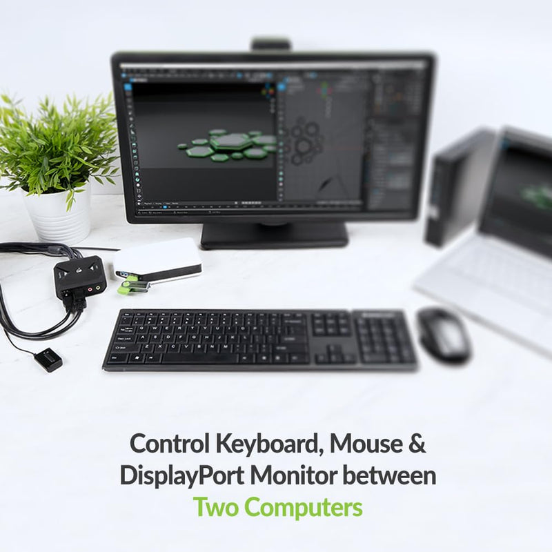 IOGEAR 2-Port 4K Hybrid KVM – Share 2 Computers with 1 Keyboard, Mouse, and Monitor, DisplayPort & USB-C with Audio, Built-in Cables, Remote Selector (GCS82DPC)