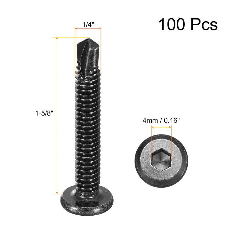 uxcell Hex Socket Self Tapping Screws, 1/4 x 1-5/8" 410 Stainless Steel Sheet Metal Flat Head Drilling Screw 100pcs, Black 1/4 x 1-5/8"