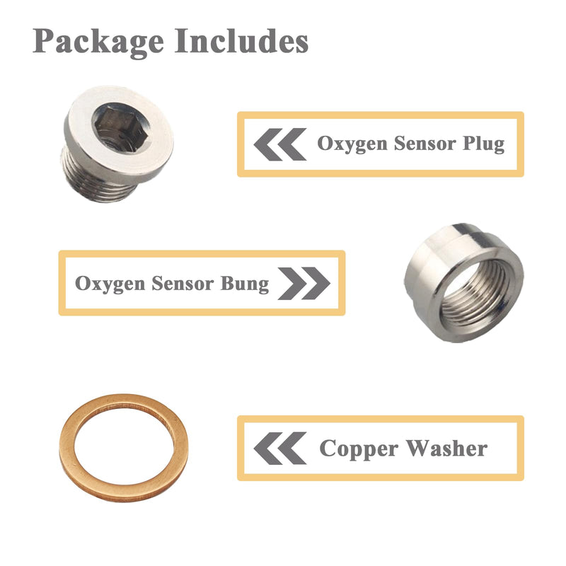 O2 Oxygen Sensor Bung and Plug with Copper Washer, 304 Stainless Steel O2 Sensor Bungs and Plugs, M18 X 1.5 Thread Universal Stepped Mounting Bung and Inner Hex Head Plug - 1 Pack