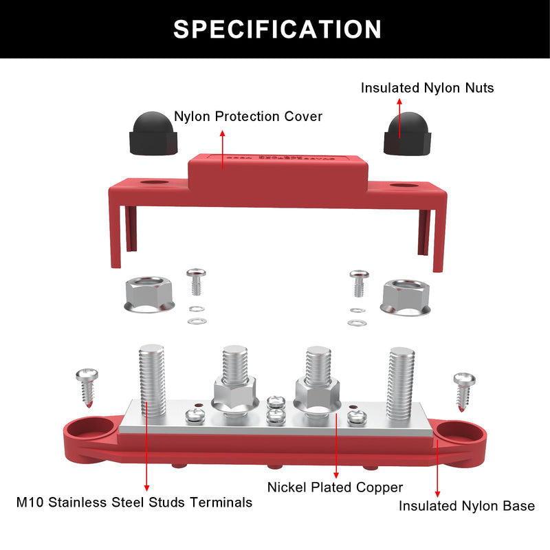 Upgraded Bus Bar 250A 12V Power Distribution Block with 3/8" (M10) 4-Posts Terminals Block with Cover for Automotive, Marine, Battery System (Red) 3/8" - Red