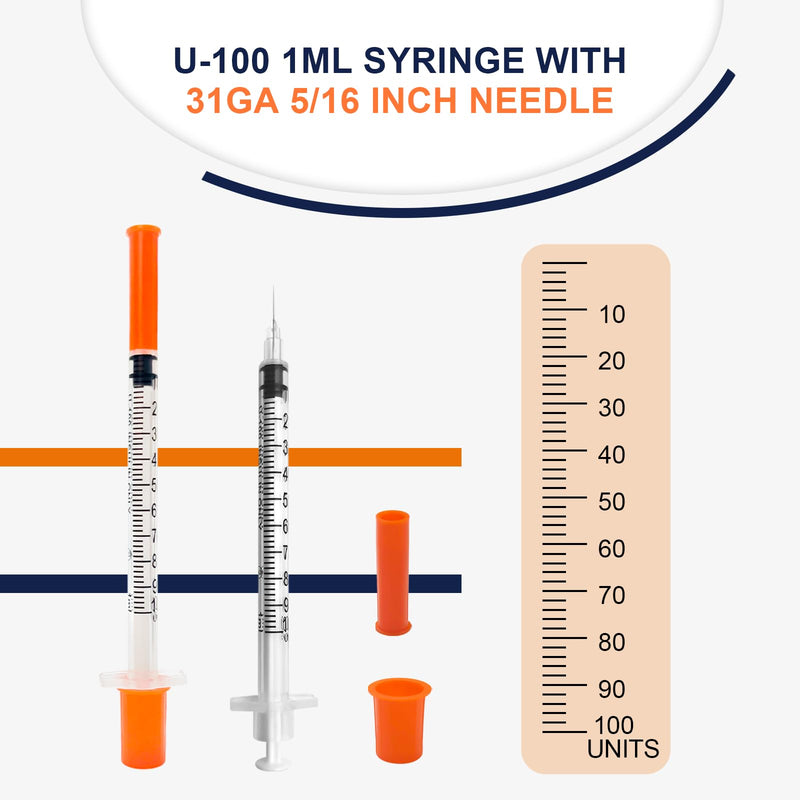 1ml 31G 5/16 Inch 8mm Syringes with Needle, U-100 Lab Tools, Individual Wrapped, Pack of 100 1ml 31G 5/16inch