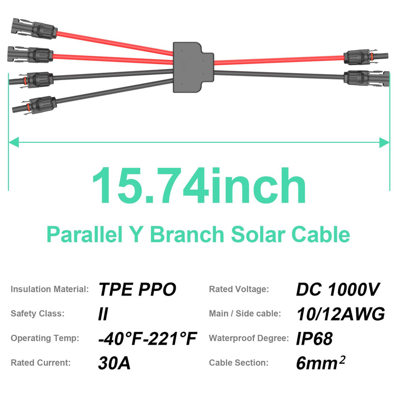 Solar Connectors Cable for 2 Solar Panels, Parallel 10AWG Solar Panel Connectors Y Branch Adapter Tool-Free (FMM/MFF) For 2 Solar Panels 1.6FT (FMM/MFF)