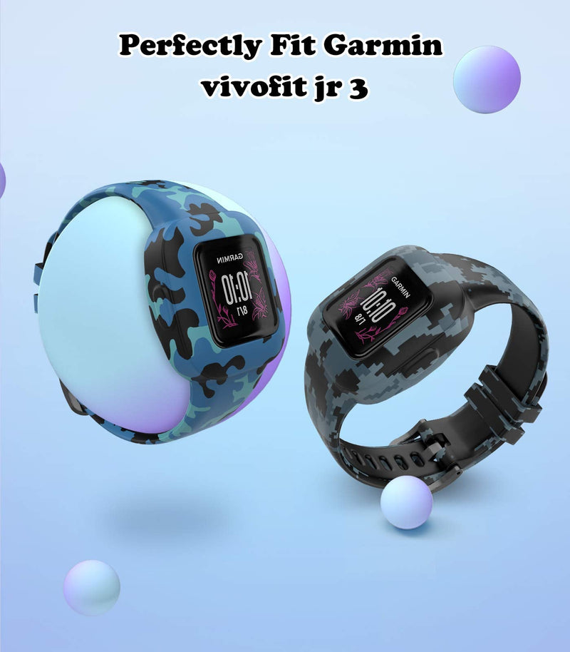 MoKo 2PACK Band Compatible with Garmin Vivofit JR 3 Tracker, Soft Silicone Printing Pattern Adjustable Replacement Strap Fits 5.1-7.5in Wristband Bracelet, Camouflage Blue & Mosaic