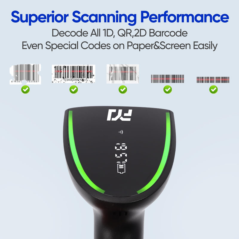 FYJ Wireless Barcode Scanner, QR Bar Code Scanners with 2.4G Wireless & Bluetooth Function & Wired Connection, 1D 2D Handheld Barcode Reader with Stand