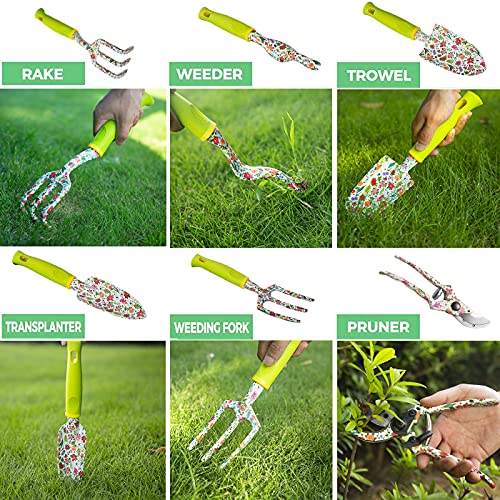 Garden Tool Set 9 Piece Heavy Duty Aluminum Gardening Hand Tools Kit Cute Gardening Supplies with Non-Slip Rubber Grip Gift for Women/Parent Green