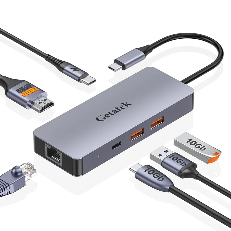 USB-C Ethernet Hub - 6 Port Adapter with 4K@60Hz HDMI, 10Gbps Data, 100W PD Charging, RJ45 - Compatible with MacBook, Dell, Lenovo, iPhone 15 & Pro Max 2 USB A&1 USB C