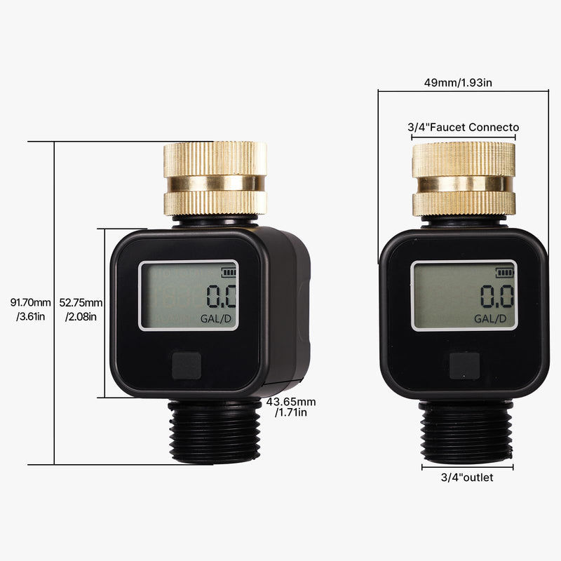 MOES Water Flow Meter with Brass Inlet Metal Thread, Measure Gallon/Liter Consumption and Flow Rate for RV Water Tank Filling, Outdoor Garden Hose Watering, Lawn Sprinkler and Nozzle Sprayer, 2 Pack