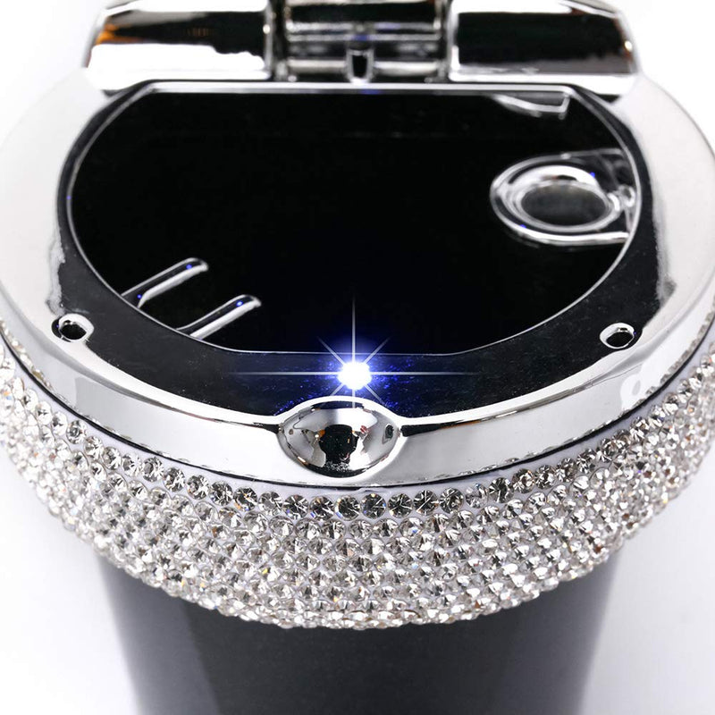 Bling Car Ashtray, Bling Portable Cigarette Smokeless Cylinder Cup Holder with Blue LED Light Indicator, Car Accessories for Women,Ideal for Car,Home and Office, Black.