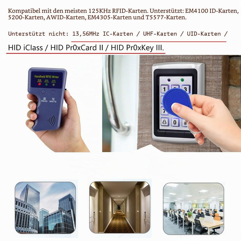 Portable 125KHz Access Card Duplicator with 10 Writable EM4305 T5577 Keychains, Access Control Reader, Not for 13.56MHz and HID