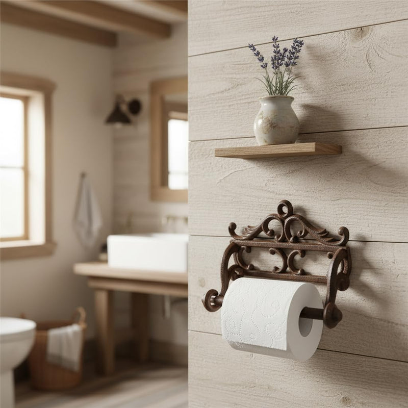 Comfy Hour French Scroll Decorative Cast Iron Toilet Paper Holder, Victorian Style Wall Mounted Paper Roll Organizer, Rustic Farmhouse Home Hardware, Antique Finished Metal, Brown, 1 Piece