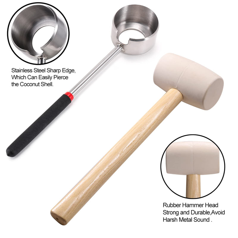 Coconut Opener Tool Set, Stainless Steel Coco Opener Kit for Coconut Young & Mature, Coconut Shell Puncher Knife, White Rubber Hammer with Wood Handle, Silicone Mat Shockproof 3 In 1 White Hammer Kit