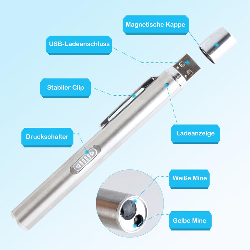 Diagnostic Light Pupil Light Medical Rechargeable USB Diagnostic LED Pen Lamp Doctors Nurse Accessories Medical Lamp Pen Light with 2 Light Sources Pocket Clip