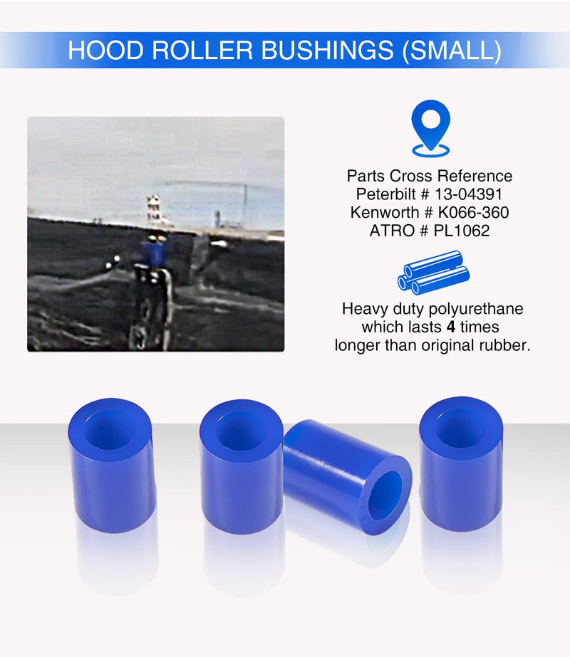 8 Pack Hood Roller Bushings for Peterbilt 357, 375, 379, Reference Part 13-04391, 13-03593, 377 with J Style Hinges, Polyurethane Hood Roller Bushing for Kenworth ATRO, Blue 1