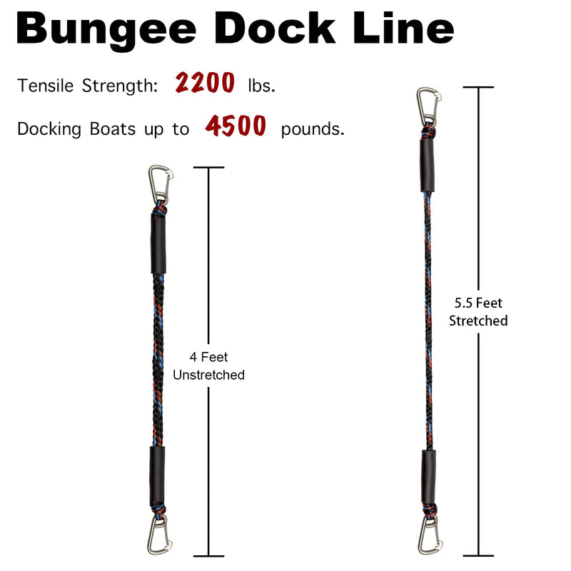 Bungee Dock Line Ropes for Mooring With 2 Stainless Steel Clip Accessories - Built-in Snubber for PWC, Kayak, Watercraft, SeaDoo, Jet Ski, Pontoon, Canoe, Power Boat - 2-Pack Blue+red+black