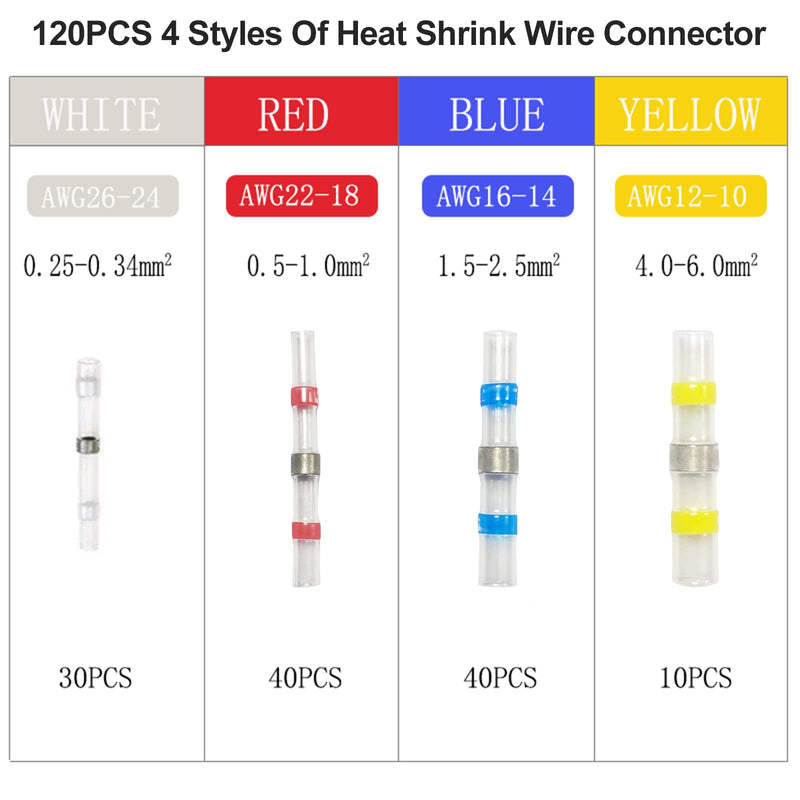 Newaner 120 pieces cable connectors waterproof insulated, 4 sizes 26-10AWG solder connectors with heat shrink tube, crimp/butt connector/shrink connector for electronics industry, shrink ratio 3:1