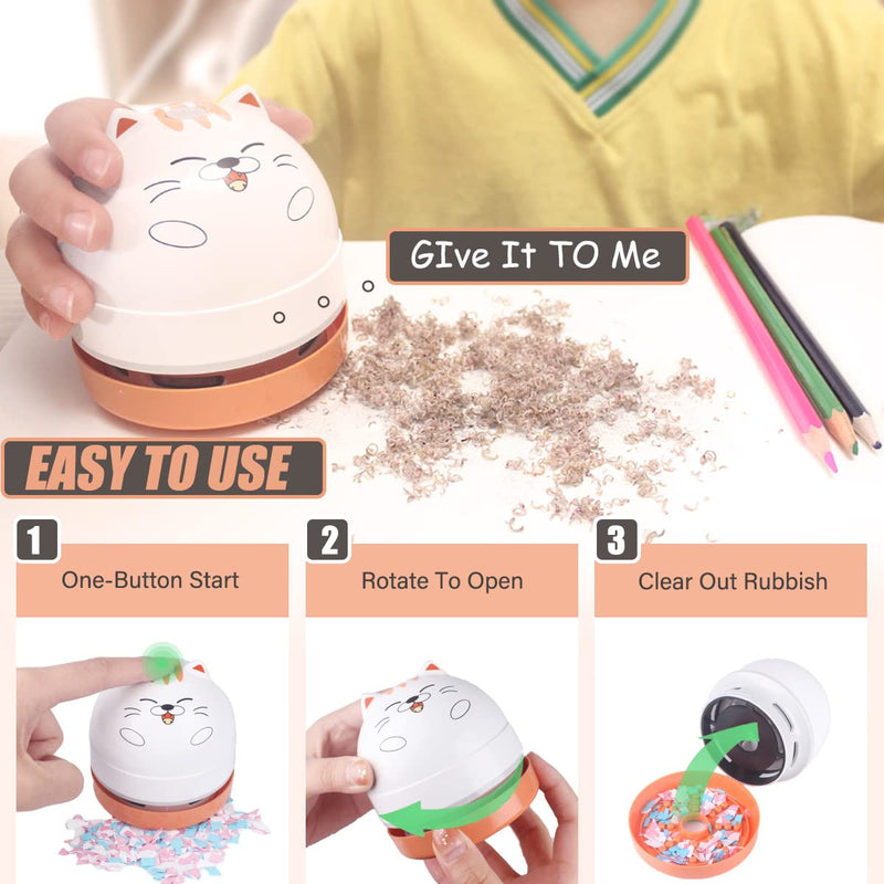Mini Desktop Vacuum Cleaner, Portable USB Vacuum Cleaner for Desk Mini Cute Cartoon Desktop Vacuum for Cleaning Eraser Crumbs, Dust, Crumbs, Computer, Keyboard and Car (White Orange) White Orange