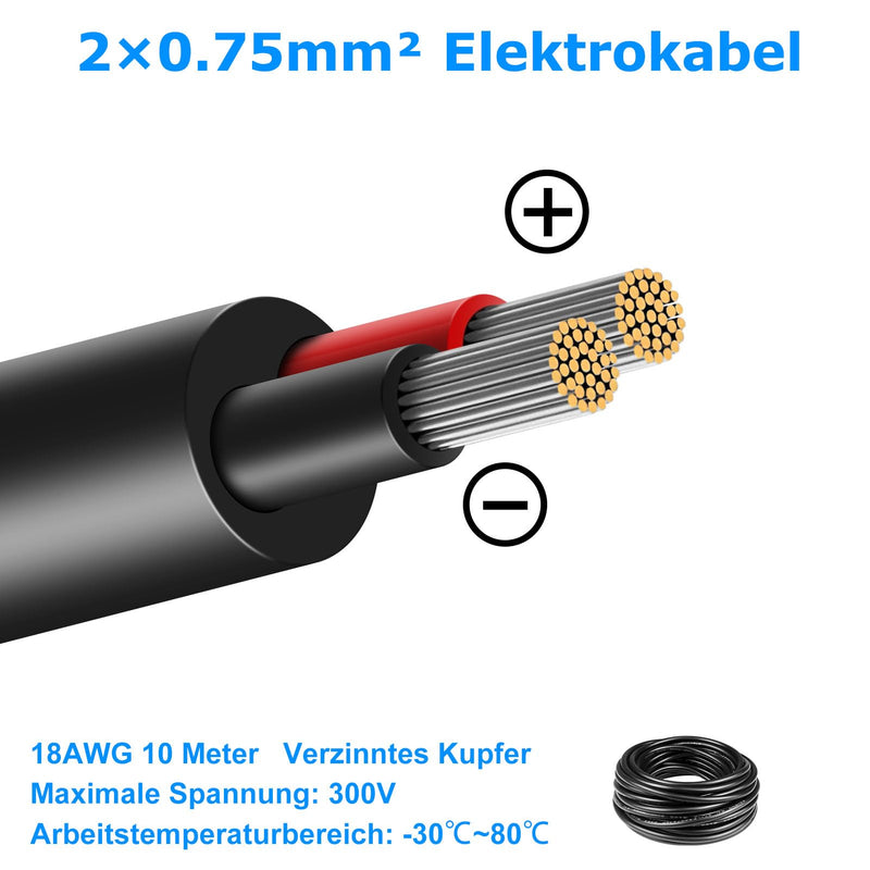 10 meters 18AWG 2x0.75mm² electrical wire, 2 core cable 5V/12V/24V power cable tinned copper cable, flexible and soft low impedance high temperature resistance extension cable 10 meters 18AWG-2C (2x0.75mm²)