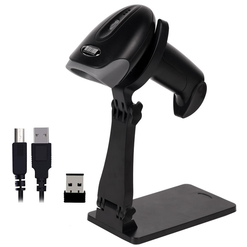 QR Code Scanner with Foldable Stand, 1D 2D Barcode Scanner 2.4G Wireless & USB Wired Connection, Handheld CMOS Image Bar Code Reader for Warehouse Library Supermarket