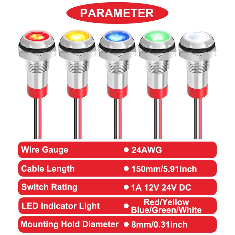 Pack of 5 Waterproof 8 mm LED Indicator Light Metal with 12-24 V DC in Red/Yellow/Blue/Green/White and 150 mm Cable Length Metal LED Indicator Light and Cable Cap for Trucks Boats