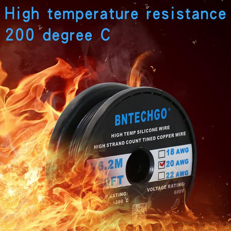 BNTECHGO 20 Gauge Silicone Wire Spool 250 ft Black Flexible 20 AWG Stranded Tinned Copper Wire silicone wire 250ft silicone wire black