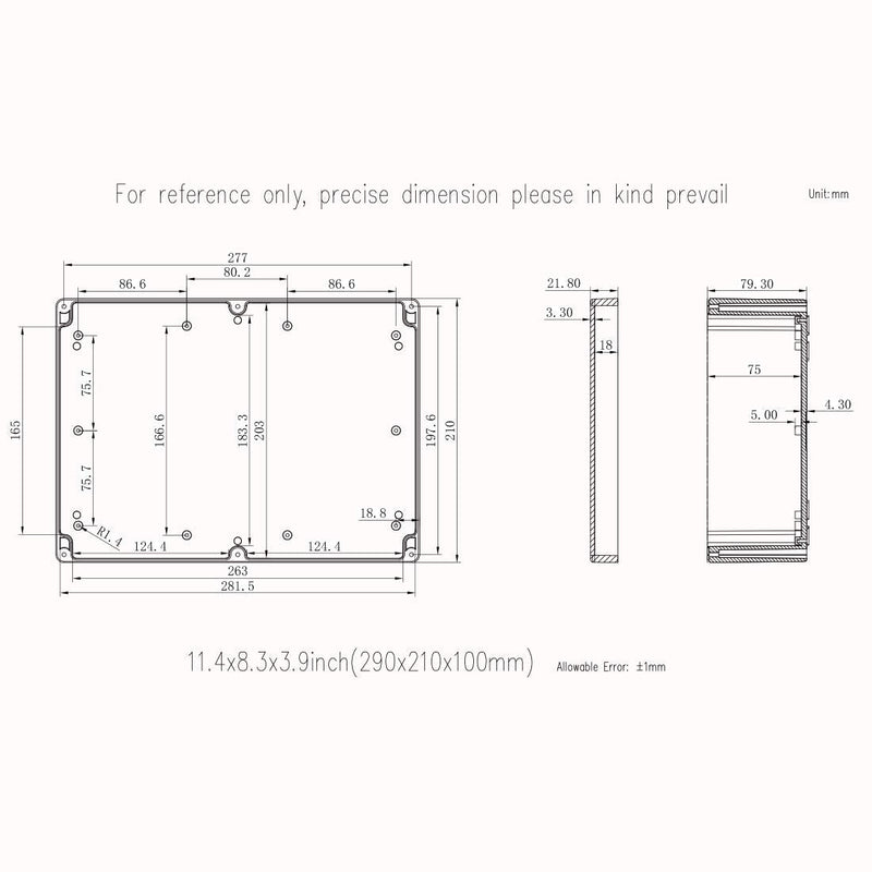 Junction Box, Zulkit Project Box IP65 Waterproof Outdoor Box ABS Plastic Electrical Boxes Electronic Enclosure Black 11.42 x 8.27 x 3.94 inch (290 x 210 x 100 mm)(Pack of 1) 11.42'' x 8.27'' x 3.94''(Pack of 1)