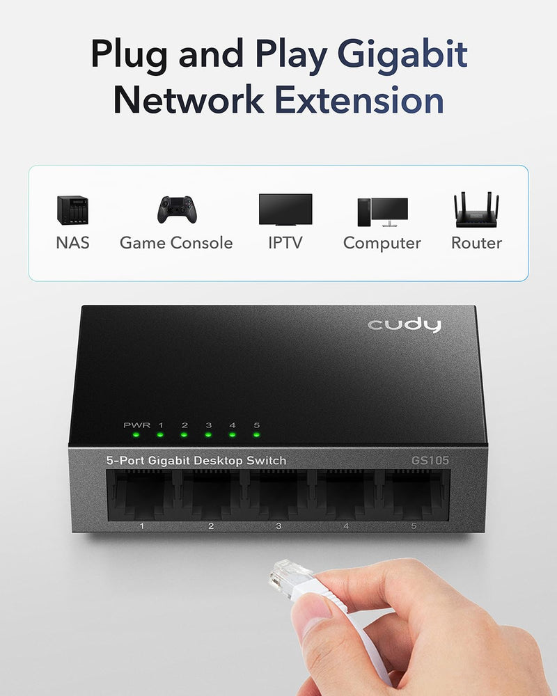 Cudy GS105 5-Port Gigabit Unmanaged Ethernet Switch, Network Hub, Ethernet Splitter, Plug & Play, Fanless Metal Design, Traffic Optimization